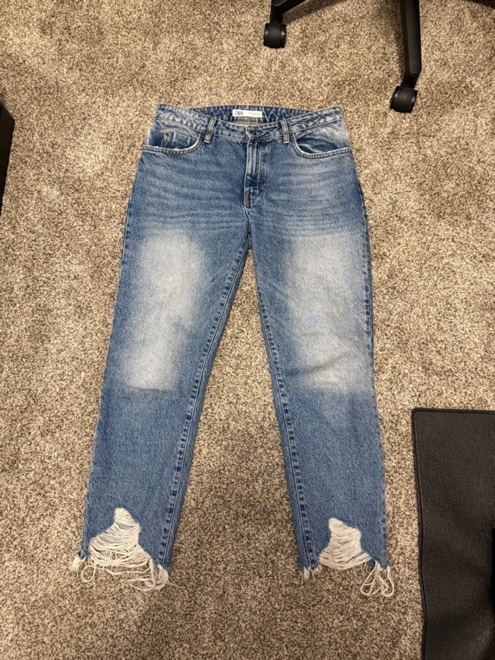 Zara Blue Distressed Hem Mom Jeans